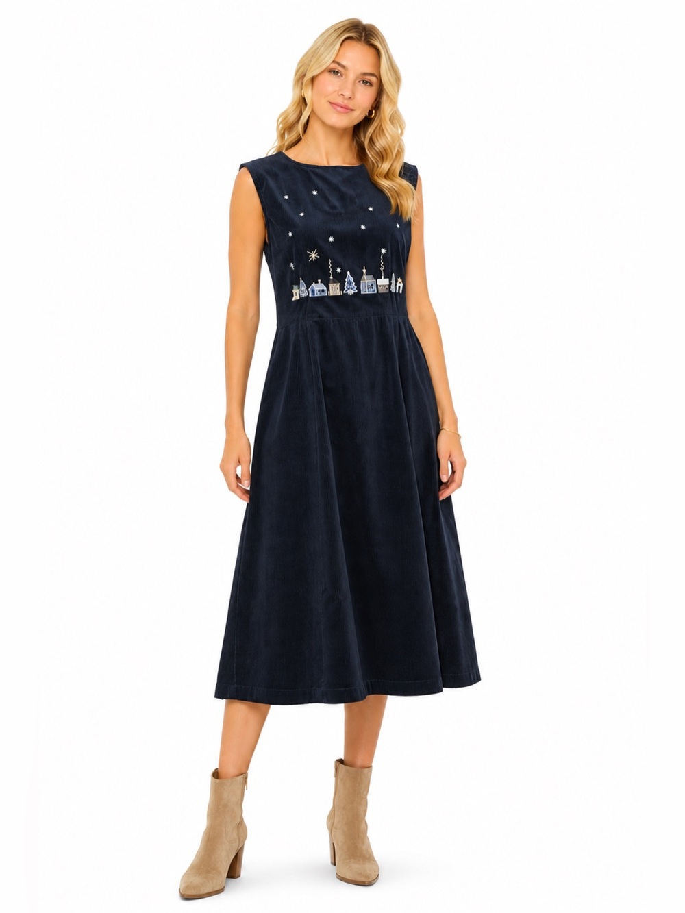 Woolrich Size Small Women's Sleeveless Navy Corduroy Embroidered Holiday Dress